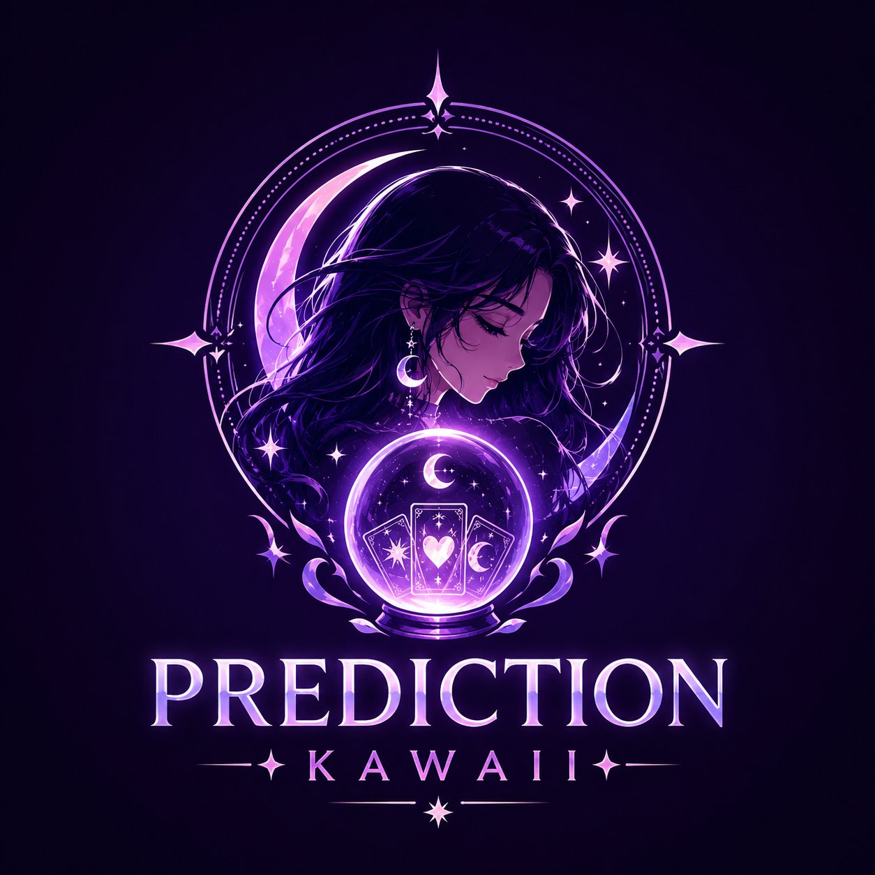 Kawaii aesthetic — mystical purple crystal ball, crescent moon, and sparkles in kawaii style